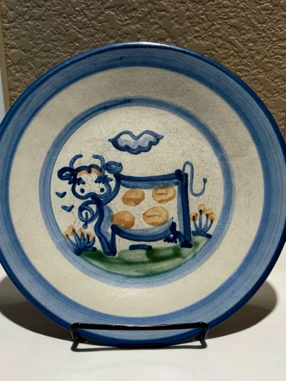 Vintage MA Hadley Stoneware Pottery 9”D Plate Cow Farm Series Ceramic Hand Paint